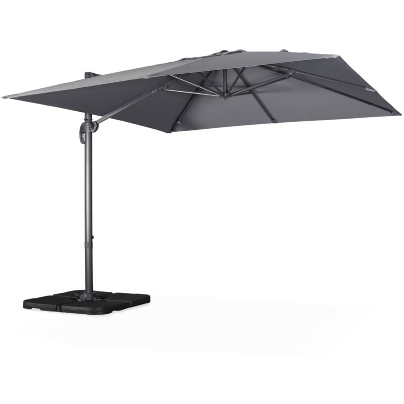 Parasol déporté carré gris 3x3m structure grise + Lot de 4 dalles à lester 50x50cm