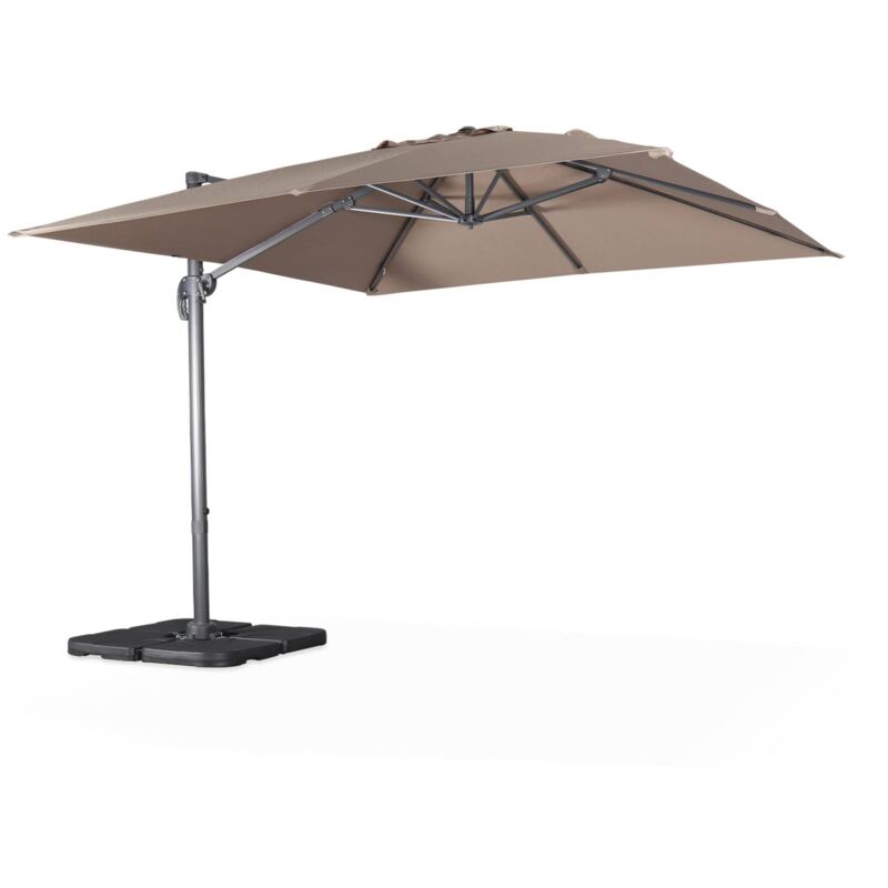 Parasol déporté carré taupe 3x3m structure grise + Lot de 4 dalles à lester 50x50cm