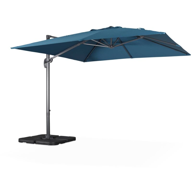 Sweeek - Parasol déporté carré bleu canard 3x3m structure grise + Lot de 4 dalles à lester 50x50cm