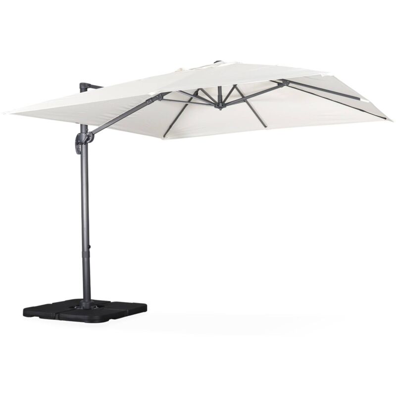 Parasol déporté carré écru 3x3m structure grise + Lot de 4 dalles à lester 50x50cm