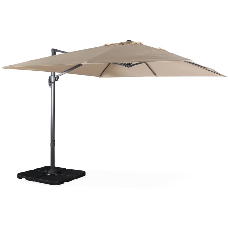 Parasol déporté carré beige 3x3m structure grise + Lot de 4 dalles à lester 50x50cm