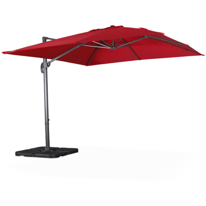Parasol déporté carré rouge 3x3m structure grise + Lot de 4 dalles à lester 50x50cm