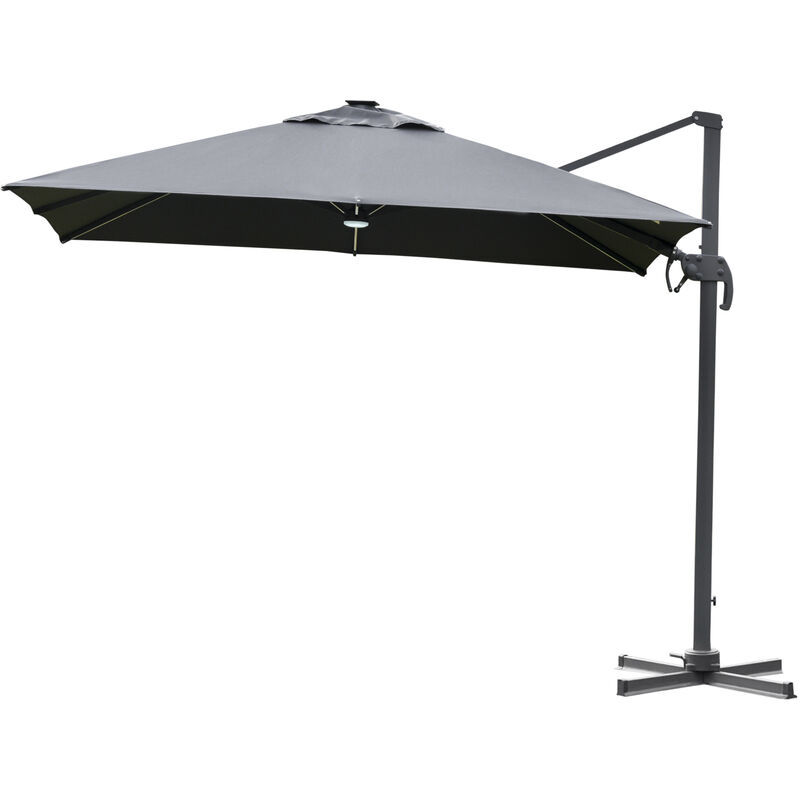 Parasol déporté carré parasol led inclinable pivotant 360° manivelle piètement acier dim. 3L x 3l x 2,66H m gris - Gris