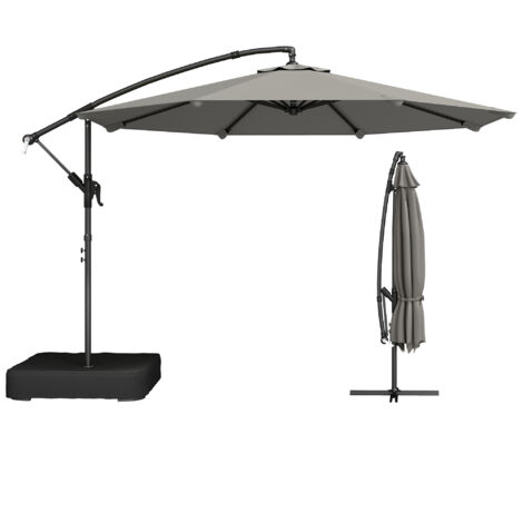 Parasol Déporté de Jardin 3 m avec Base Croisée, Sac de Sable, Parasol Banane Rotatif 360°, Gris