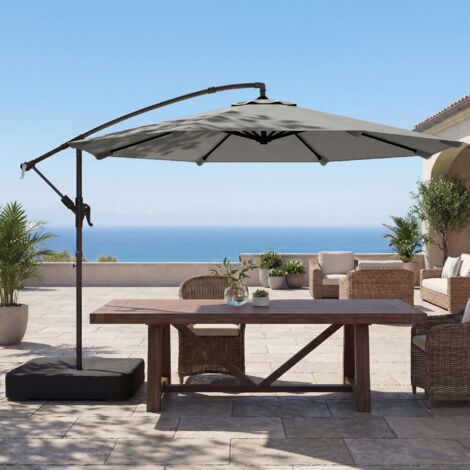 Parasol Déporté de Jardin 3 m avec Base Croisée. Sac de Sable. Parasol Banane Rotatif 360°. Gris