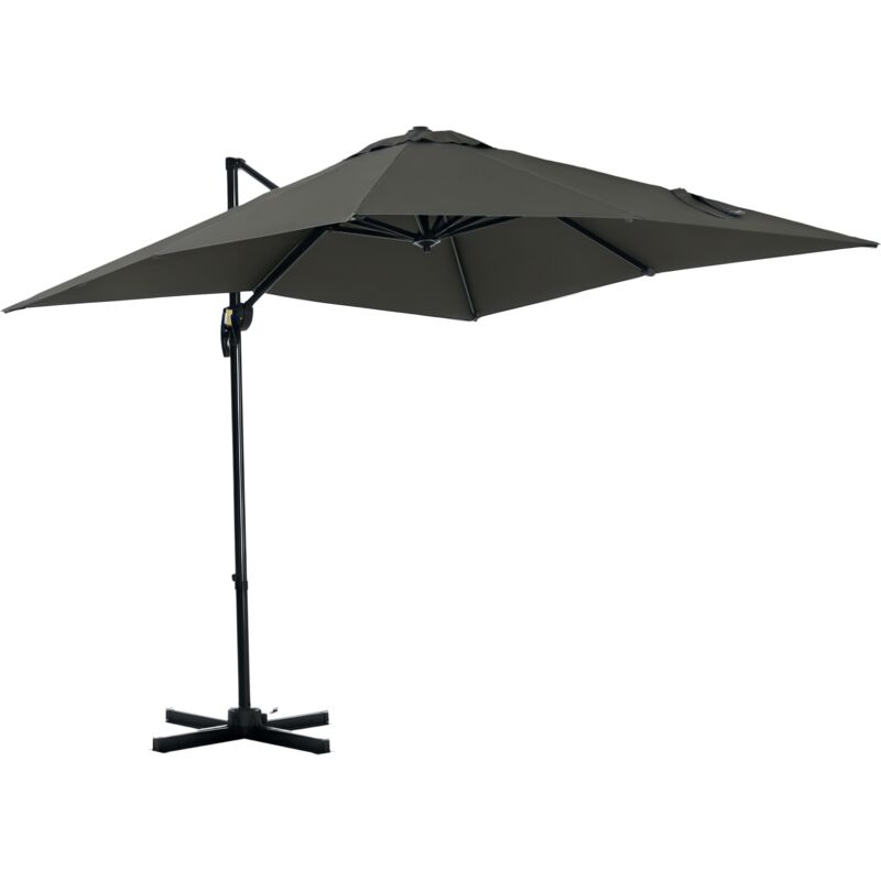Parasol déporté 2,5 x 2,5 m pour terrasse et jardin, rotation 360°, manivelle, base en croix incluse, toile anti UV, structure aluminium grise