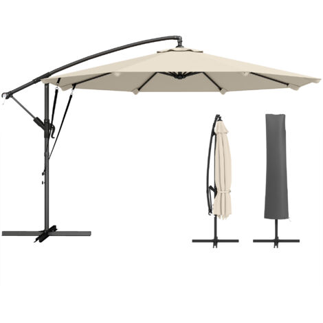 Parasol déporté d'environ Ø300 cm, inclinable, avec manivelle, pied en croix, haubans et housse de protection, blanc crème