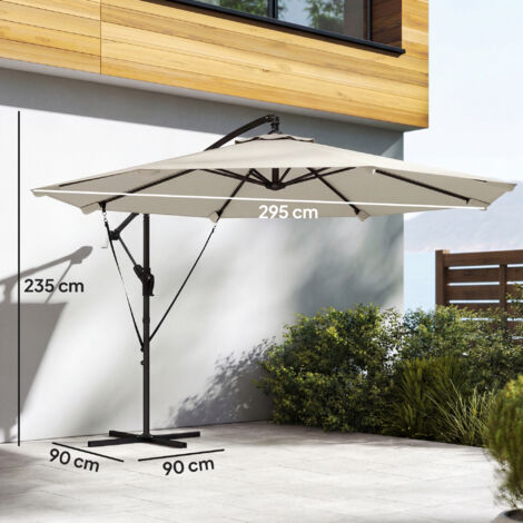 Parasol déporté d'environ Ø300 cm, inclinable, avec manivelle, pied en croix, haubans et housse de protection, blanc crème