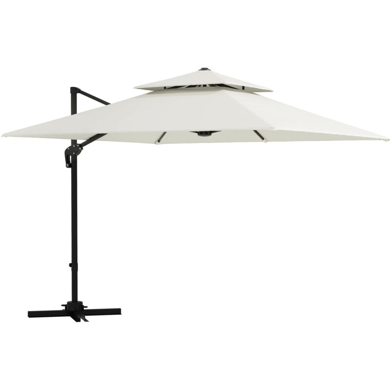 Parasol déporté carré double toit inclinable pivotant manivelle lestage inclus acier polyester écru - Blanc