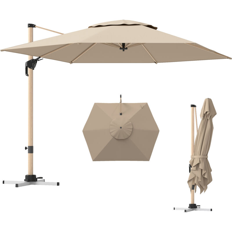Outsunny - Parasol déporté hexagonal inclinable pivotant dim. 4,2L x 3l x 2,7H m alu effet bois polyester anti-UV UPF50+ kaki