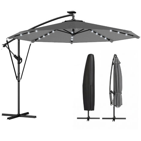 Parasol Déporté Jardin LED Solaire 32 Lampes Manivelle UV 50+ Housse Protection Ø 295cm Gris