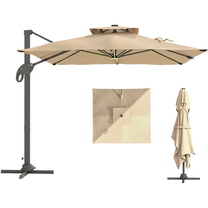 Parasol déporté led carré double toit inclinable pivotant 360° manivelle piètement acier dim. 3L x 3l x 2,66H m beige
