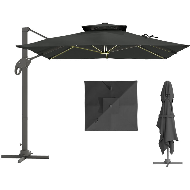Parasol déporté rectangulaire parasol LED inclinable pivotant manivelle acier alu. dim. 3L x 3l x 2,66H m polyester gris