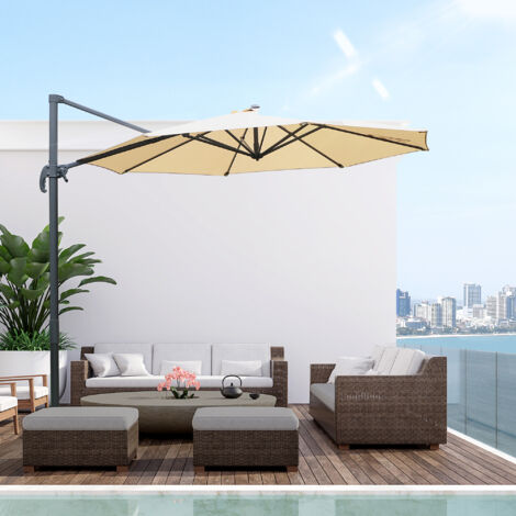 Parasol déporté octogonal inclinable parasol rotatif 360° avec pied en croix 8 beleines manivelle inclus châssis alu.