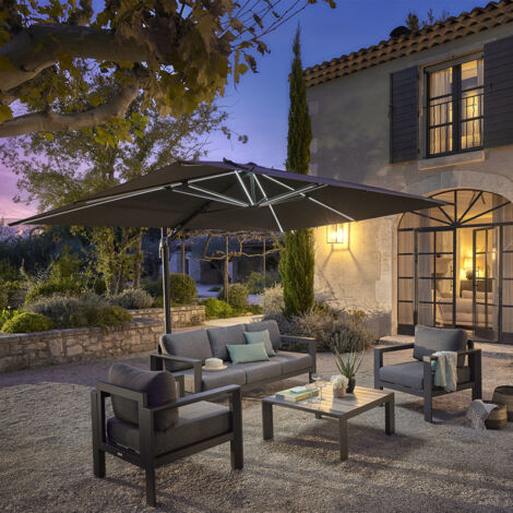Parasol déporté rectangulaire Melhia anthracite avec LED 4 x 3m en aluminium acier et oléfine - Hespéride