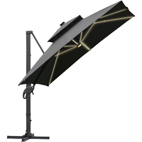 Parasol déporté rectangulaire parasol LED inclinable pivotant manivelle acier alu. dim. 3L x 3l x 2,66H m polyester gris
