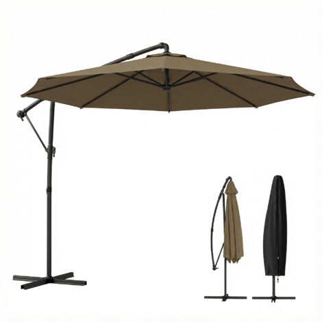 Parasol déporté rond 3 m, inclinable, avec housse, polyester anti-UV UPF50+, kaki
