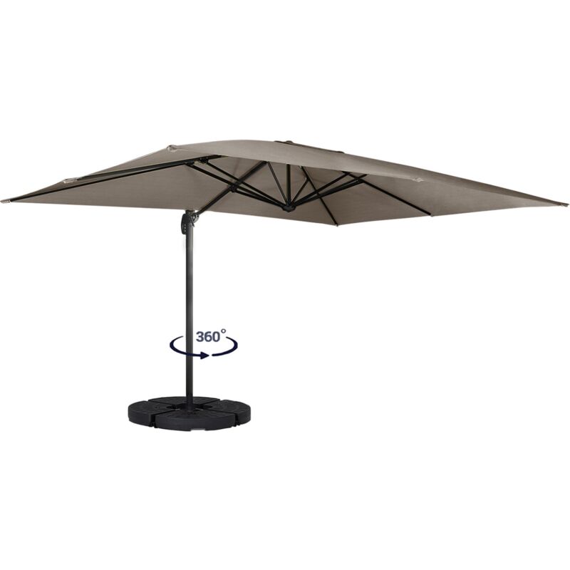 Parasol déporté inclinable rotatif 360 calvi taupe 3x4 m avec 4 dalles et housse