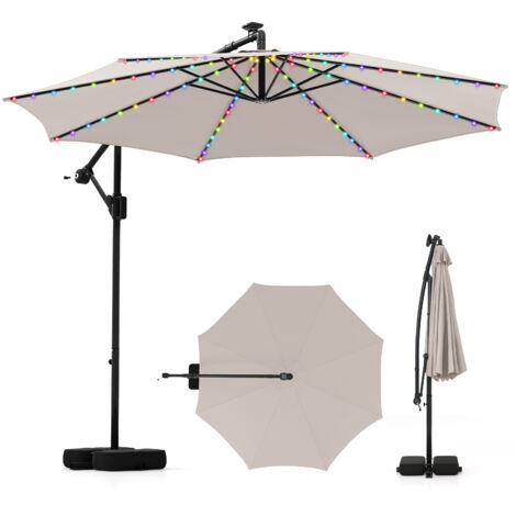 Parasol Déporté Solaire 3 M avec Base, Parasol Inclinable avec Lumières LED, 9 Modes, Rotation à 360°, Manivelle, Auvent, Beige