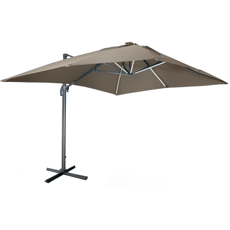 Parasol déporté solaire LED rectangulaire 3 x 4 m haut de gamme - Luce Taupe - Parasol excentré inclinable, rabattable et rotatif à 360°, chargeur