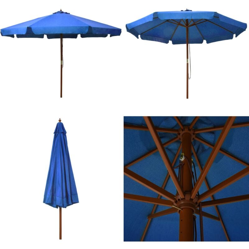 Parasol d'extérieur avec mât en bois 330 cm Bleu azuré - Parasol Exterieur - Parasol Jardin - Parasol Bleu - Parasol Bois - Parasol Rectangulaire