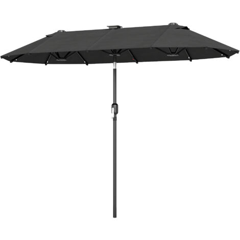 Parasol double 3x1,5m gris pour jardin extérieur, avec éclairage solaire LED, manivelle de rotation et 2 aérations, idéal pour terrasse, balcon ou piscine, protection UV robuste.