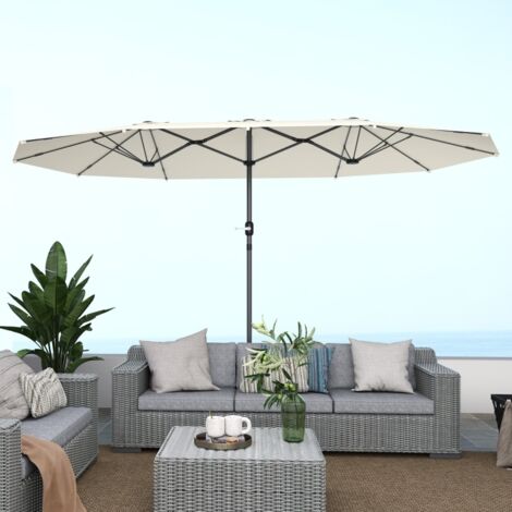 Parasol double 436x260 cm, acier, manivelle, ovale, résistant vent, balcon, jardin, plage, beige