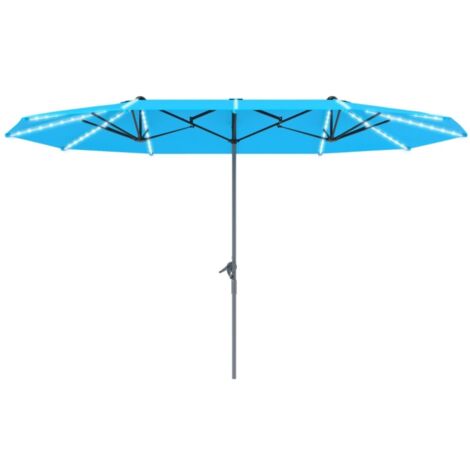 Parasol Double 451x267x249cm avec LED Solaire et Manivelle - Protection UV 50+ Aluminium - Pour Jardin, Balcon, Plage, Marché - Bleu (Sans socle)