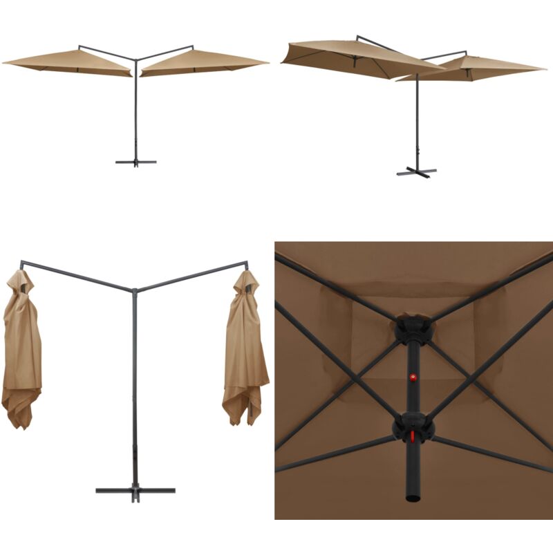 Parasol double avec mât en acier 250 x 250 cm Taupe - Parasol Double - Parasol Jardin - Parasol Taupe - Parasol Résistant Aux uv - Parasol Avec