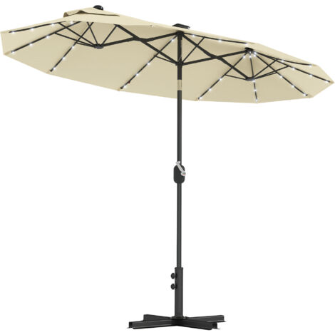 Parasol double inclinable 295 x 150 cm avec manivelle, éclairage LED, base en croix et aérations, structure en acier et polyester à 12 baleines, pour jardin, terrasse ou balcon, couleur crème.