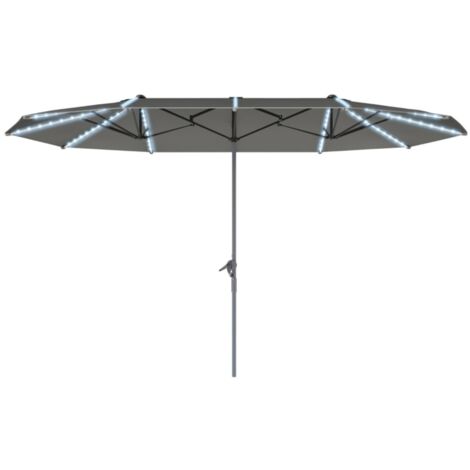 Parasol double LED solaire 451x267x249 cm, aluminium, UV50+, manivelle, coupe-vent - Pour balcon, jardin, plage, marché, gris foncé