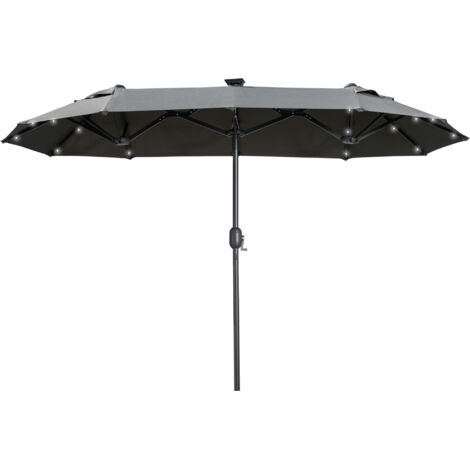 Parasol double, parasol de terrasse, inclinable, avec panneau solaire, 35 LED, cadre en acier, gris, 2,92 x 1,50 x 2,18 m
