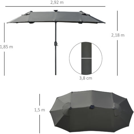 Parasol double, parasol de terrasse, inclinable, avec panneau solaire, 35 LED, structure en acier, gris, 2,92 x 1,50 x 2,18 m