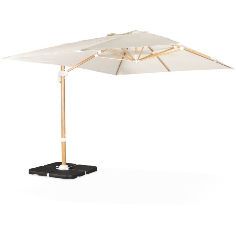 Parasol déporté rectangulaire écru 3x4m. mât effet bois + Dalles à lester 50x50cm
