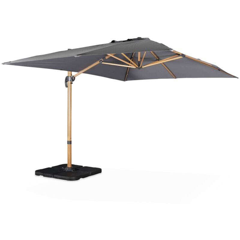 Parasol déporté rectangulaire gris 3x4m. mât effet bois + Dalles à lester 50x50cm