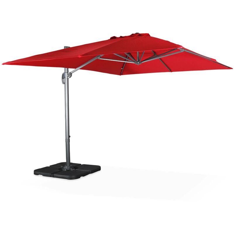 Sweeek - Parasol déporté rectangulaire rouge 3x4m + dalles à lester 50x50cm