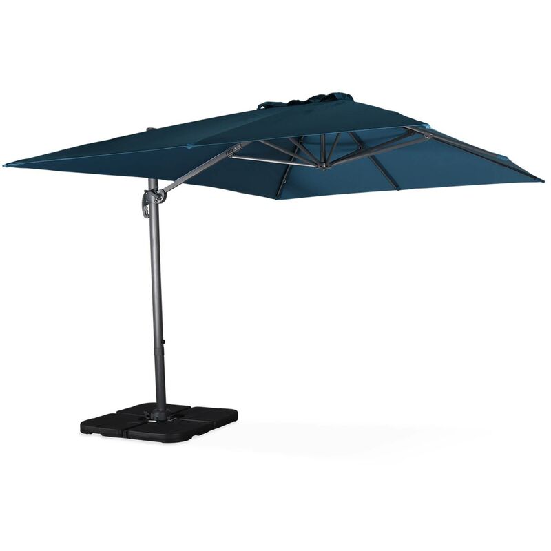 Sweeek - Parasol déporté rectangulaire bleu canard 3x4m + dalles à lester 50x50cm