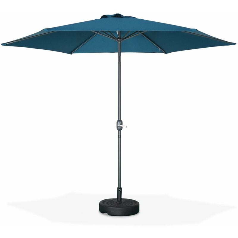 Parasol droit rond Ø300cm - Touquet Bleu canard - mât central en aluminium orientable et manivelle d'ouverture - Bleu canard