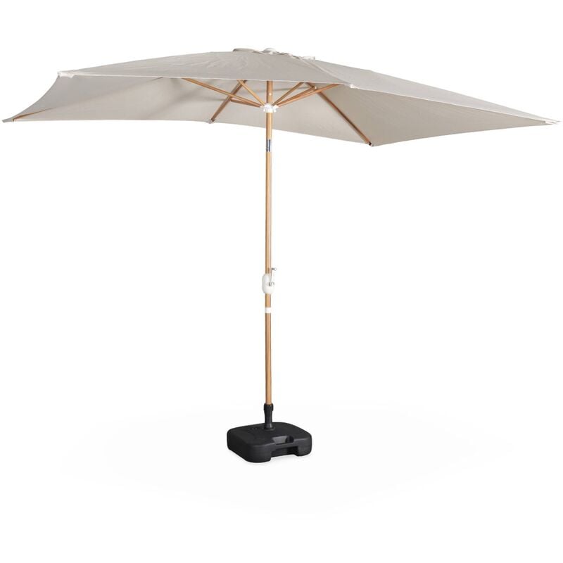 Parasol droit sable rectangulaire 2x3m. mât central imitation bois en aluminium orientable et manivelle d'ouverture
