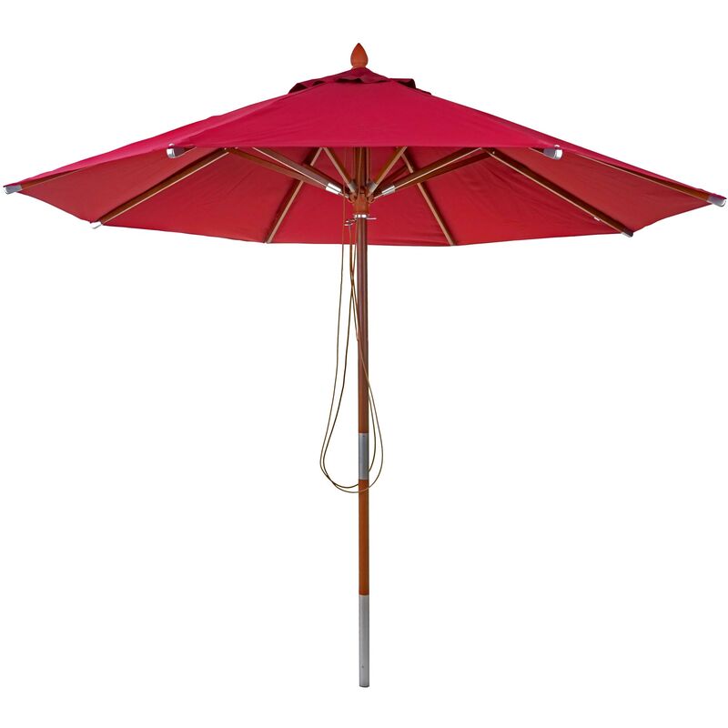 HHG - Parasol en bois 521, parasol de jardin, polyester/bois 14kg, corde ronde Ø3m antichocs bordeaux - red