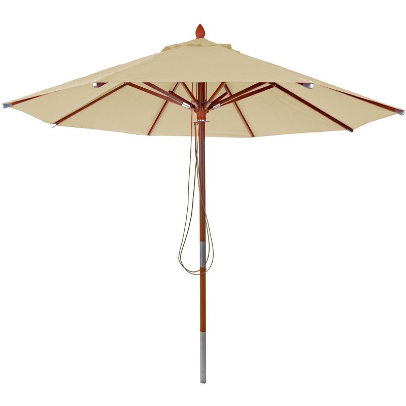 Parasol en bois HHG 521, parasol de jardin, polyester/bois 14kg, corde ronde Ø3m antichocs crème - beige