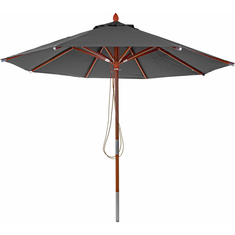 Parasol en bois HHG 521, parasol de jardin, polyester/bois 14kg, corde ronde Ø3m antichoc anthracite - grey