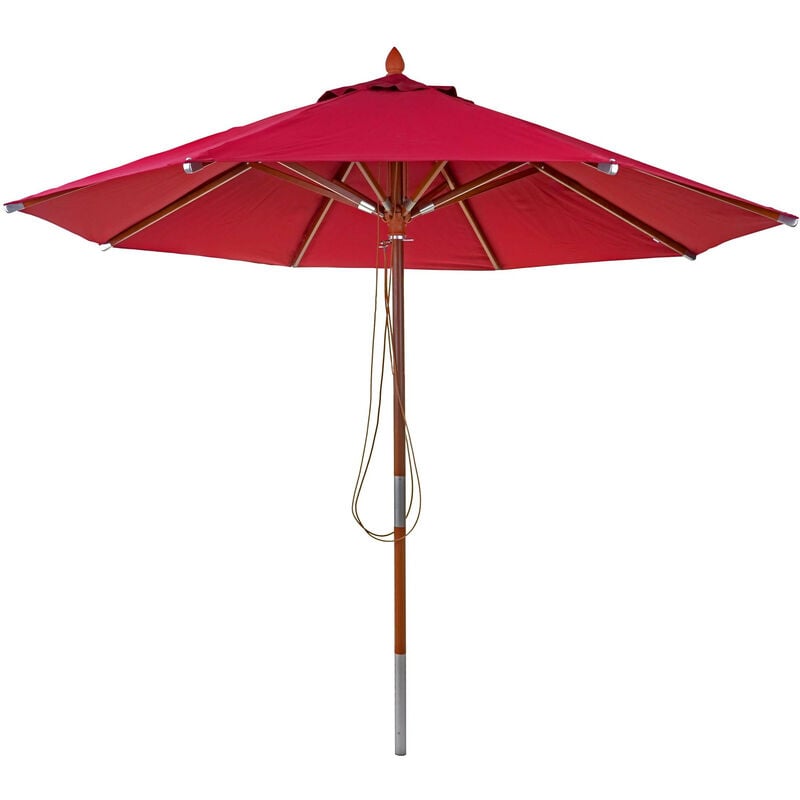 Parasol en bois HWC-C57, parasol de jardin, polyester/bois 14kg, corde ronde Ø3m antichocs - bordeaux