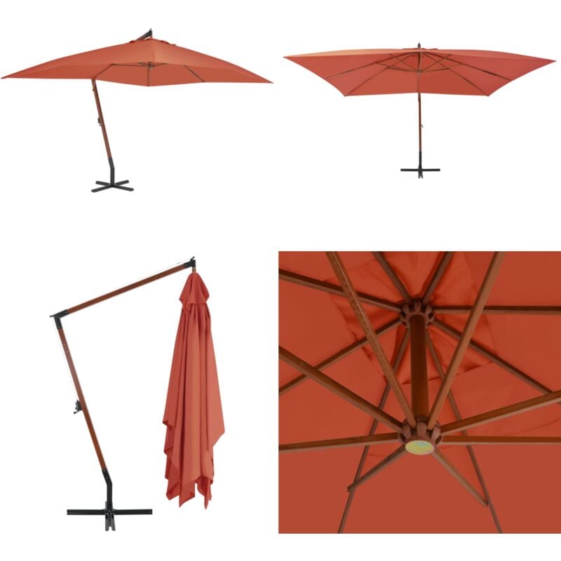 Parasol de jardin en porte-à-faux avec mât en bois terre cuite - Parasol De Jardin - Parasol Suspendu - Parasol En Bois - Parasol Terrasse - Ombrage