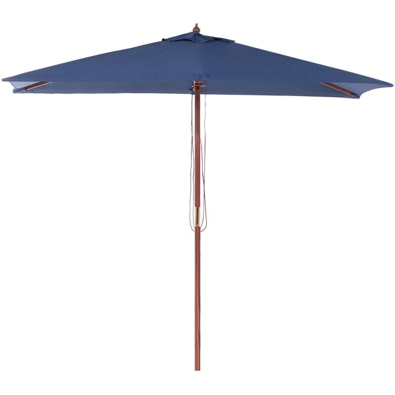 Parasol de Jardin ou de Terrasse Rectangulaire Bleu Marine avec Pied en Bois, Toile Anti uv 144 x 195 cm et Ouverture Facile avec Corde Beliani