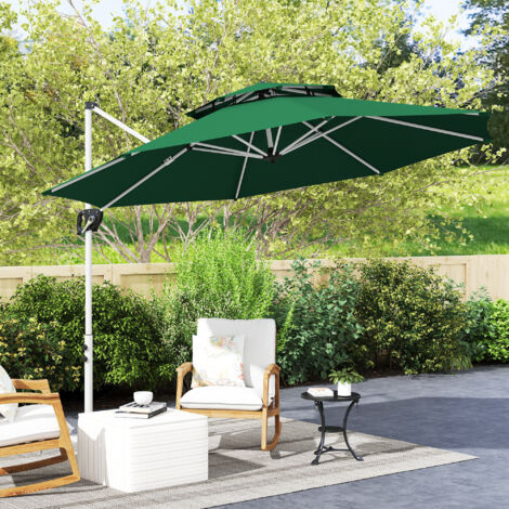 Parasol Excéntrico Ø292 cm con Manivela Giro 360° Inclinación Ajustable Doble Techo y Base Cruzada Verde Oscuro