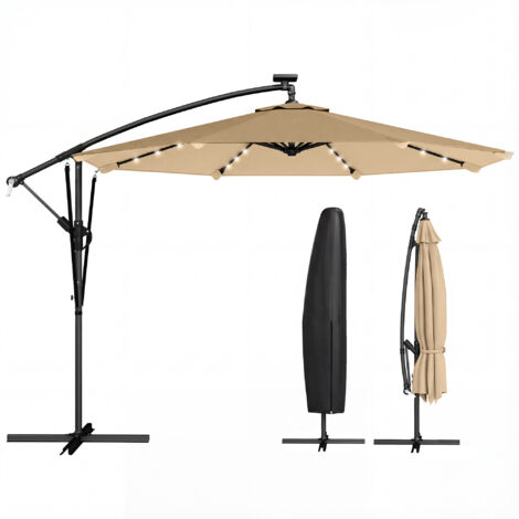 Parasol Excéntrico con Luces LED Solares 330x295 cm Sombrilla Jardín con Base Cruzada Manivela Funda Protectora Caqui