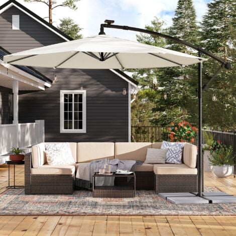 Parasol excéntrico de jardín, con 32 LEDs de luz solar, Sombrilla Ø 3 m con base, Protección UPF50+, Manivela para abrir/cerrar, Terraza/patio, Beige