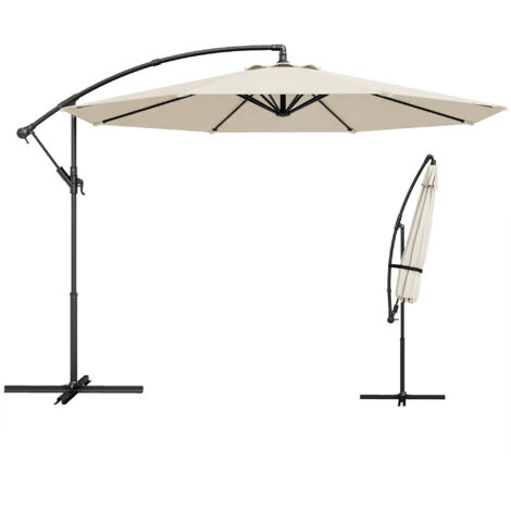 Parasol excentrique Ø300 cm avec base croisée, auvent réglable et manivelle UPF30+ pour terrasse et patio, blanc crème