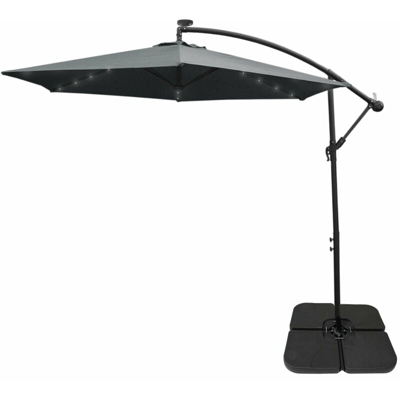 Parasol Déporté Gris Incinable Ombrage de 3M 24 led Energie Solaire Protection uv Terrasse Patio Cour Piscine Jardin Héxagonale [Base Carrée + Housse